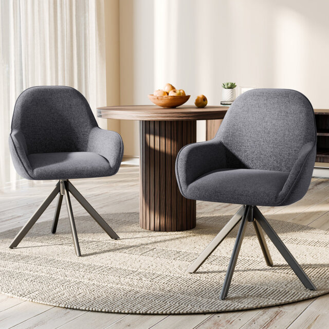 Set of 2 Swivel Dining Chairs, Faux Linen Upholstered with Metal Legs, Rotating Seat