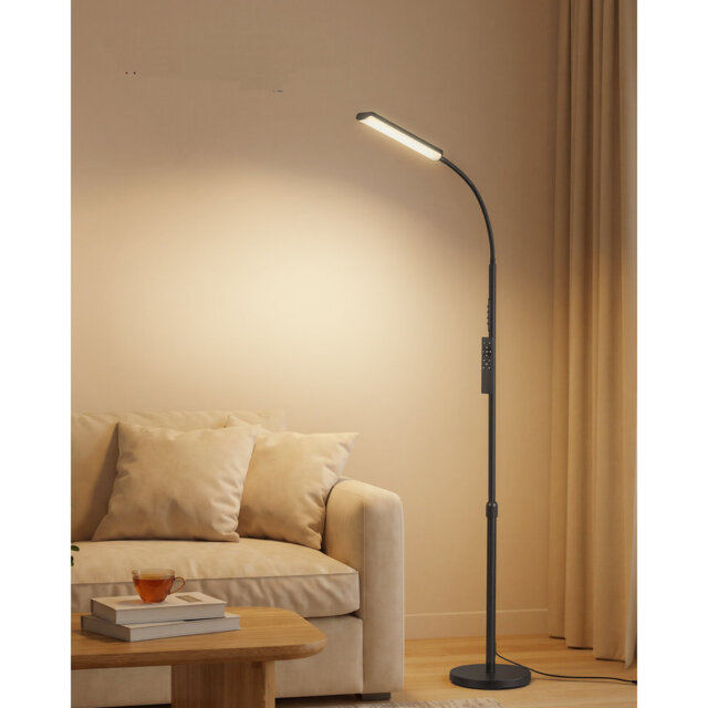 LED Floor Lamp For Living Room, Adjustable Height 141-175 Cm, 15W Standing Lamp ,Timer And Memory Function, Button And Remote Control, Matte Black