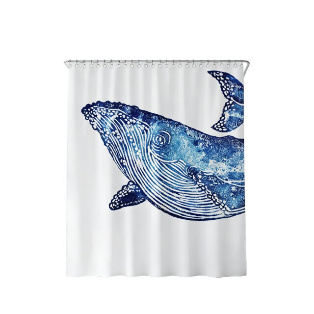 Shower Curtain Polyester Humpback Whale Design in Inky Blue, 180 × 180 cm