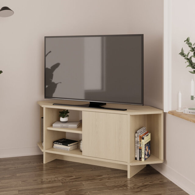 Teo Corner TV Stand – Space-Saving TV Unit for 43–48'' TVs, Compact Media Console with Open Shelves & Cabinet, Ready to Assemble, Available in 7 Colou