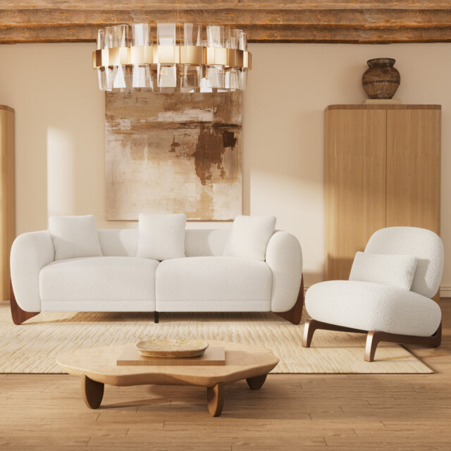 Cloud Modern Sherpa Sofa with Wood Wedge Legs