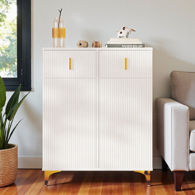 White Particle Board Sideboard Shoe Cabinet With Adjustable Shelves And Gold-Plated Decorations, With Drawers