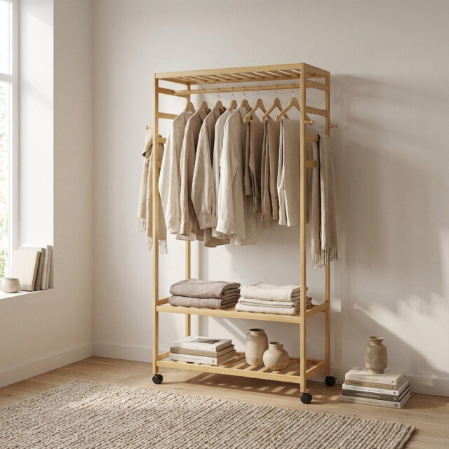 Wooden Clothes Rack - Portable Open Wardrobe with Shoe Storage