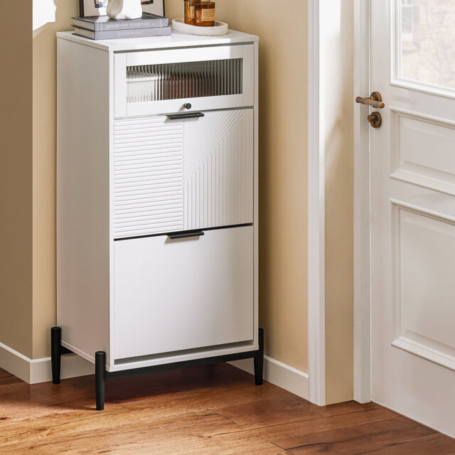 Shoe Cabinet Shoe Storage Cupboard With 2 Flip-Drawers And 1 Glass Door