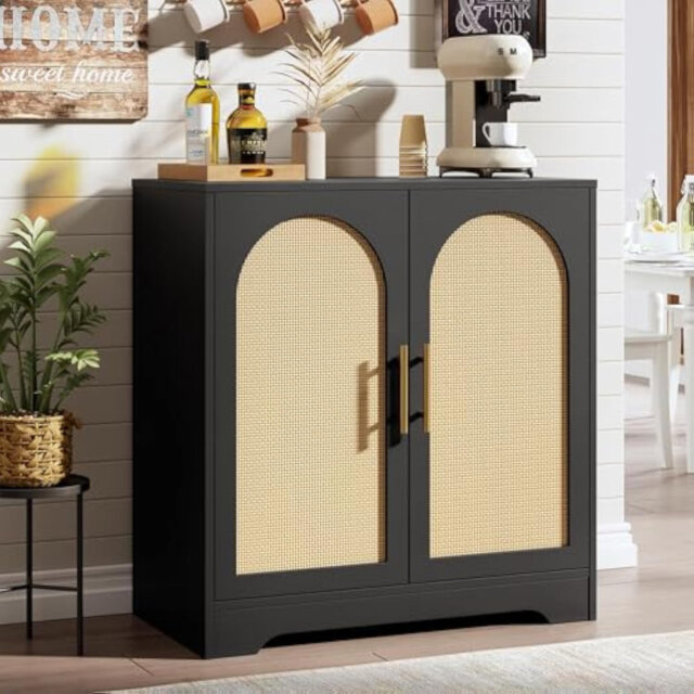 Modern Rattan 2-Door Sideboard Buffet Cabinet with Large Storage & Interior Shelf - Natural Wood Console for Living Room, Dining Room, Entryway & Hall