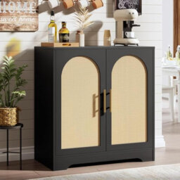 Modern Rattan 2-Door Sideboard Buffet Cabinet with Large Storage & Interior Shelf - Natural Wood Console for Living Room, Dining Room, Entryway & Hall