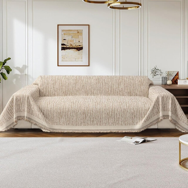 Chenille Sofa Cover For 3 Seater, Non-Slip With Tassel, Beige, 180 X 260 Cm