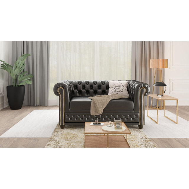Chesterfield  Sofa 2 Seater Made of Vegan Leather with Solid Wood Legs