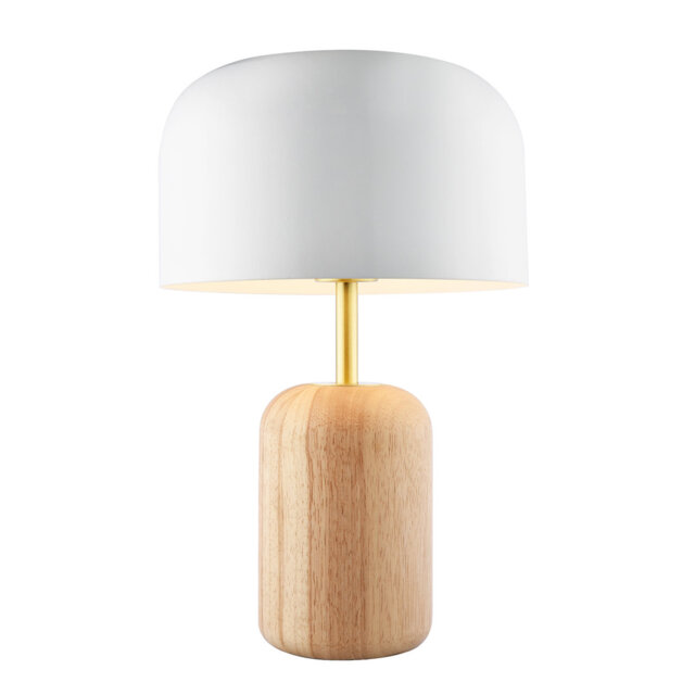 Modern Designer Wooden Table Lamp With White Gloss Domed Metal Shade By