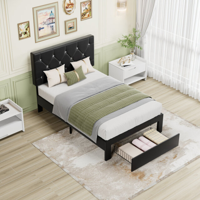 Bed Frame With Diamond Tufted Headboard, PU Leather Platform Bed With Storage Drawer, Wooden Slats Support, No Box Spring Needed, Easy To Assembly