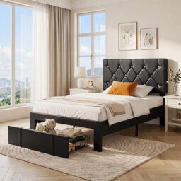 Bed Frame With Diamond Tufted Headboard, PU Leather Platform Bed With Storage Drawer, Wooden Slats Support, No Box Spring Needed, Easy To Assembly