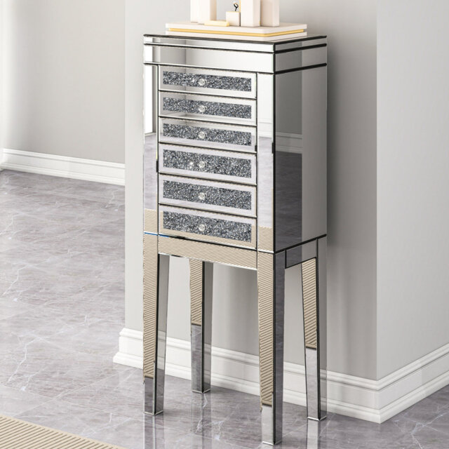 50cm Wide Freestanding Jewelry Armoire with Flip-Top Vanity, Crushed Diamond Accents & 6 Drawers