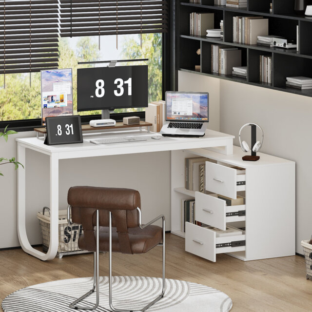 140cm Rotating L-Shaped Desk with 3 Drawers & Storage Shelves - Reversible Home Office Corner Desk