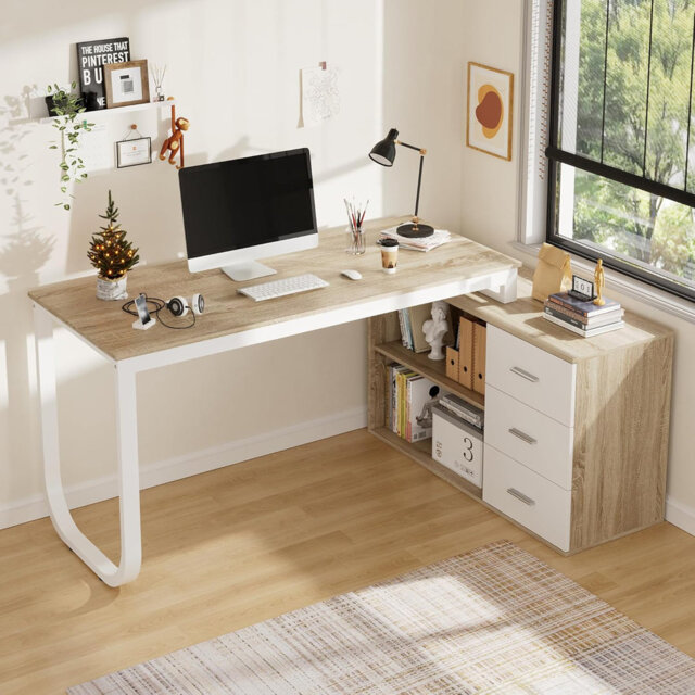 140cm Rotating L-Shaped Desk with 3 Drawers & Storage Shelves - Reversible Home Office Corner Desk