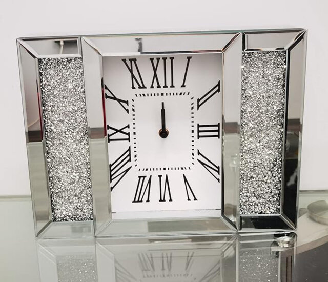 Crushed Jewel Mirror Wall Clock Roman Numbers Diamante Mirror Glass Clock H 27 X W 40 X D 8Cm