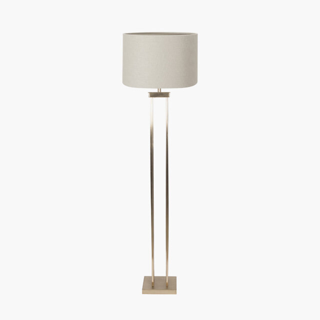 Bernado Satin Brass Metal Column Floor Lamp Base with Lino 45cm White Self Lined Linen Cylinder Lampshade