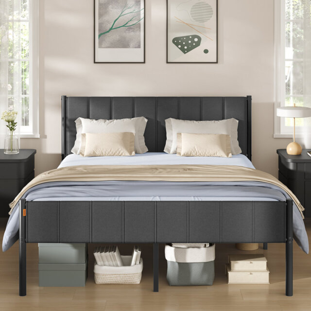 King Metal Bed Frame with Upholstered Headboard