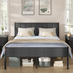 King Metal Bed Frame with Upholstered Headboard
