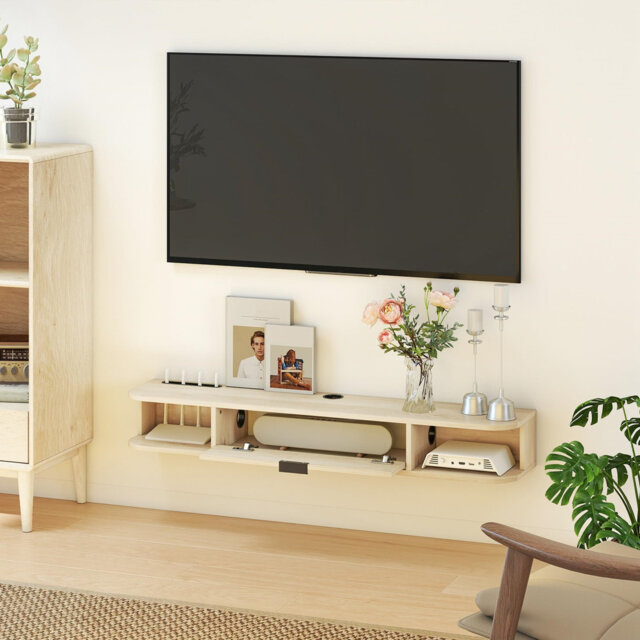 Wall Mounted TV Stand Cabinet With Flip Drawer, 2 Open Shelves And Cable Management, Modern Media Console For Living Room, Holds Television