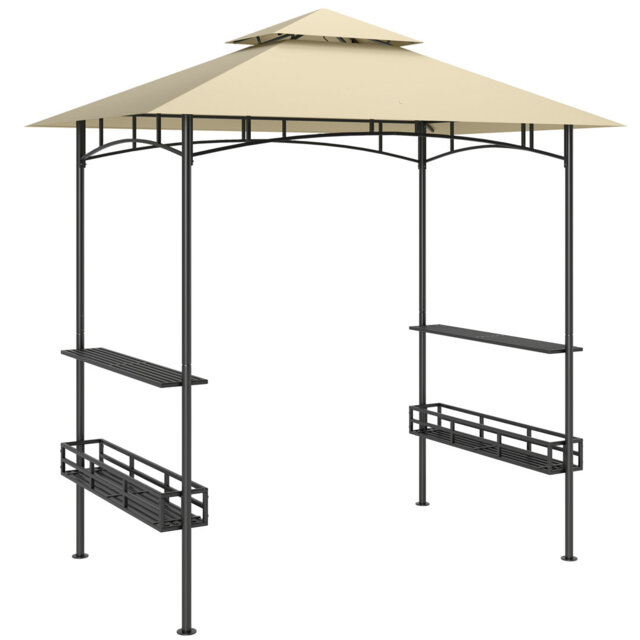 8' X 5' Double Tiered Bbq Grill Gazebo, Outdoor Barbecue Shelter With 2 Side Shelves, Storage Baskets And Ceiling Hook, Powder Coated Galvanised Metal