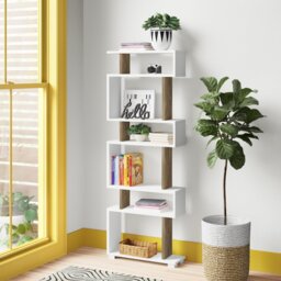 Modern Bookshelf with Numerous Shelves, White and Walnut Color, 60 x 165 x 20 cm, 100% Melamine Coated Particle Board, Wall-Mountable Design, For Stor