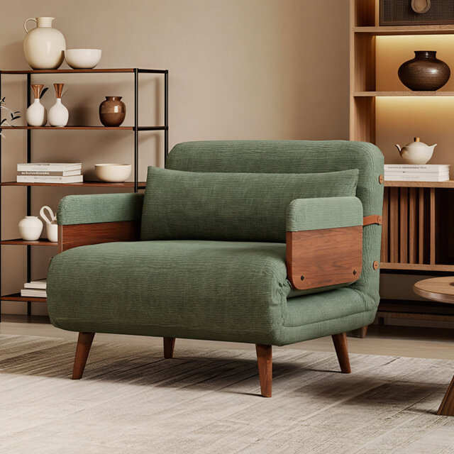 Single Sofa Bed with Adjustable Headrest, Green Velvet Upholstery and Solid Wood Base Fast Dispatch From UK Warehouse â Dispatched Within 2 Days
