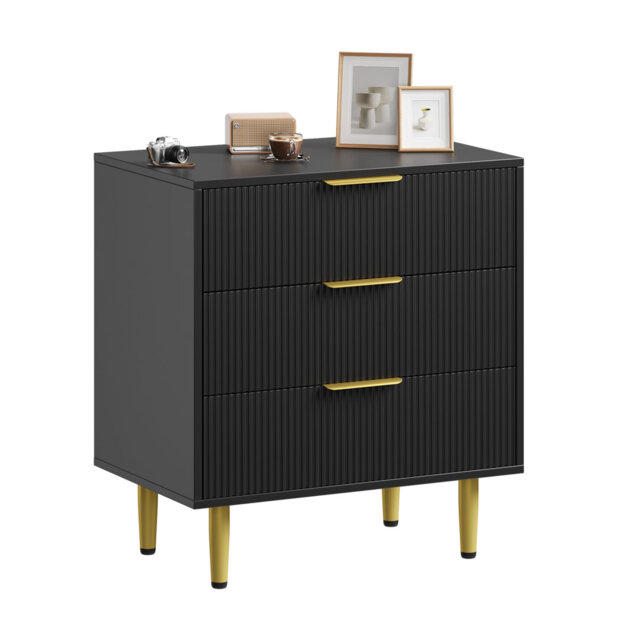 Fluted 3-Drawer Modern Chest of Drawers with Metal Handles & Feet - Anti-Tip Wooden Storage Dresser for Bedroom, Living Room, Hallway & Apartment