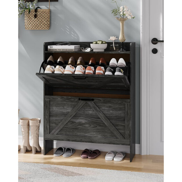 Narrow Shoe Cabinet with 2 Turnover Drawers – Space-Saving Hidden Shoe Storage Organizer for Entryway, Hallway, Bedroom – Adjustable Shelves, Enclosed