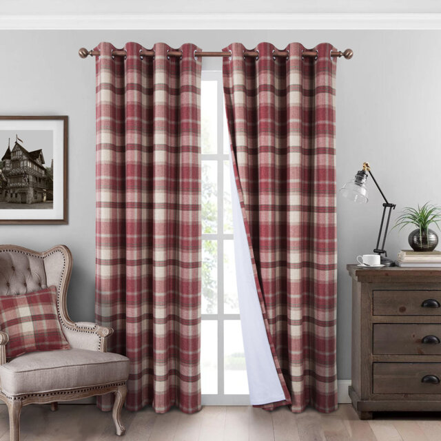 100% Blackout Curtains Check Eyelet Curtain Bedroom Plaid Woven Brushed Cheque Pair of Highland Woolen Look Window Treatment for Living Room Beige 46