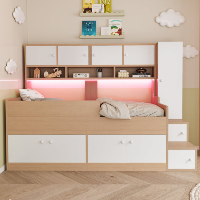 Wooden Storage Bed 90 x 200 cm with Wardrobe, Shelves & LED