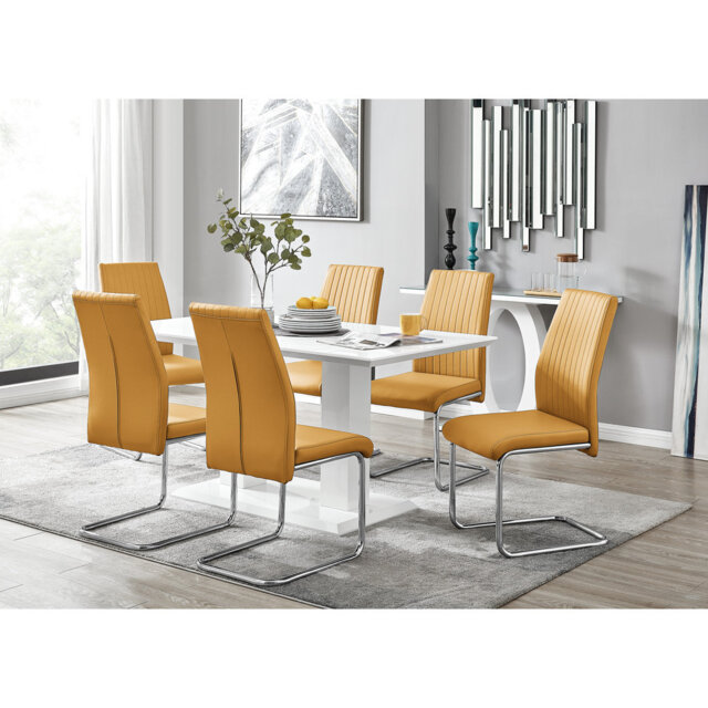 Edzard Double Pedestal High Gloss Dining Table Set with 6 Luxury Faux Leather Dining Chairs