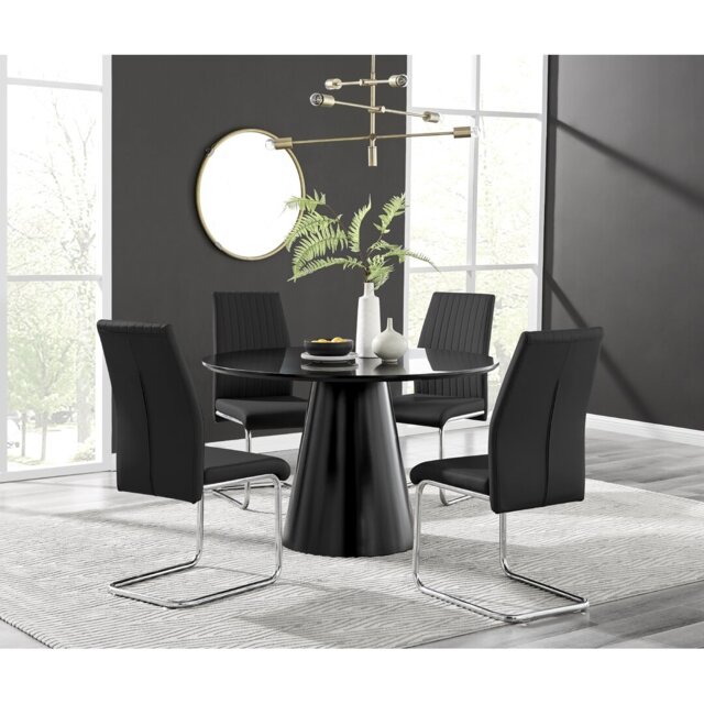 Edzard Statement Pedestal Round Dining Table Set & 4 Luxury Faux Leather Dining Chairs