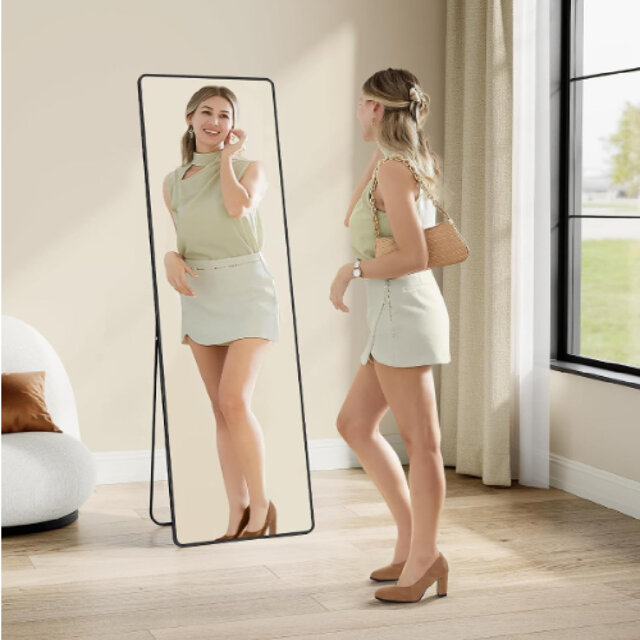 Full Length Mirror, 160 X 50 Cm, Rectangle Full Body Mirror With Stand, Frame Floor Mirror, Tempered Glass, For Bedroom, Living Room, Cloakroom