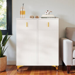 White Particle Board Sideboard Shoe Cabinet With Adjustable Shelves And Gold-Plated Decorations, With Drawers