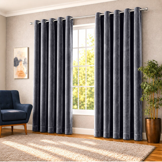 Thermal Velvet Curtains with Eyelet Ring Top - Blackout Crushed Velvet Drapes Pair
