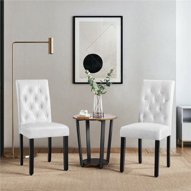 Button Tufted Padded Faux Leather Dining Chair with Solid Wood Legs