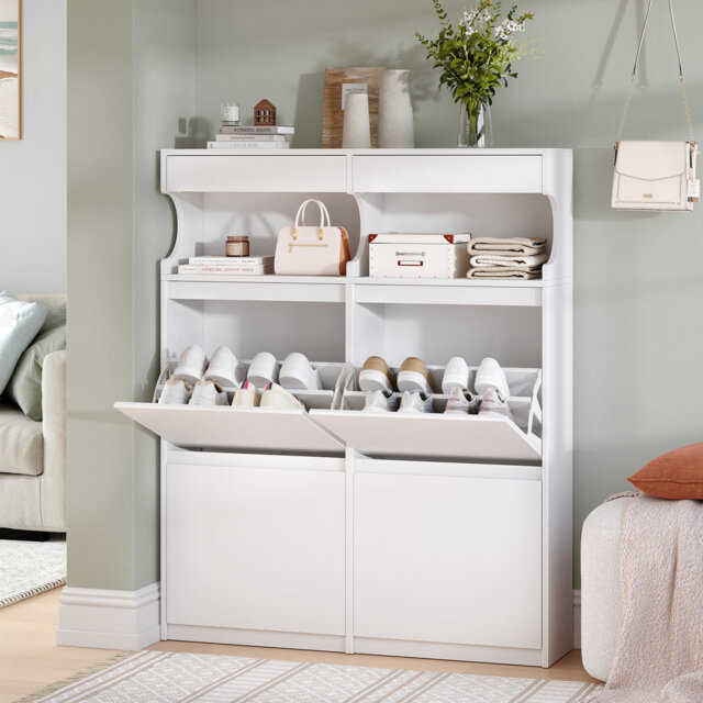 Shoe Cabinet with 2 Drawers, Pull Down Shoe Cupboard with Open Compartment, Shoes Rack Cabinet for 16-20 pairs of Shoe, Boots for Hallway, Living Room