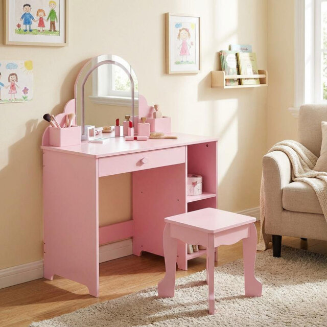 Kids Vanity Table and Chair Set, Girls Dressing Table with Storage Shelves & Drawer, Children Study Desk with Storage Grids