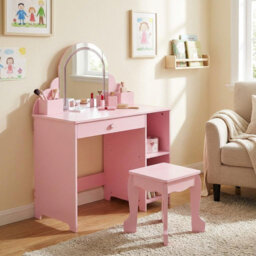 Kids Vanity Table and Chair Set, Girls Dressing Table with Storage Shelves & Drawer, Children Study Desk with Storage Grids