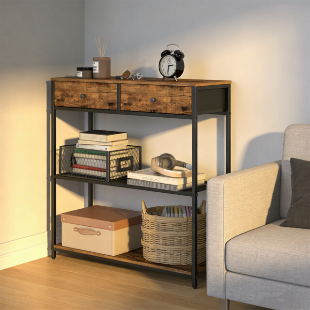 Narrow Console Table With 2 Fabric Drawers, 3-Tier Entryway Sofa Table, For Hallway, Living Room