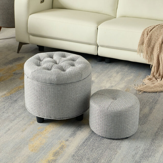 2 Piece Tufted Round Storage Footstool Ottoman Set