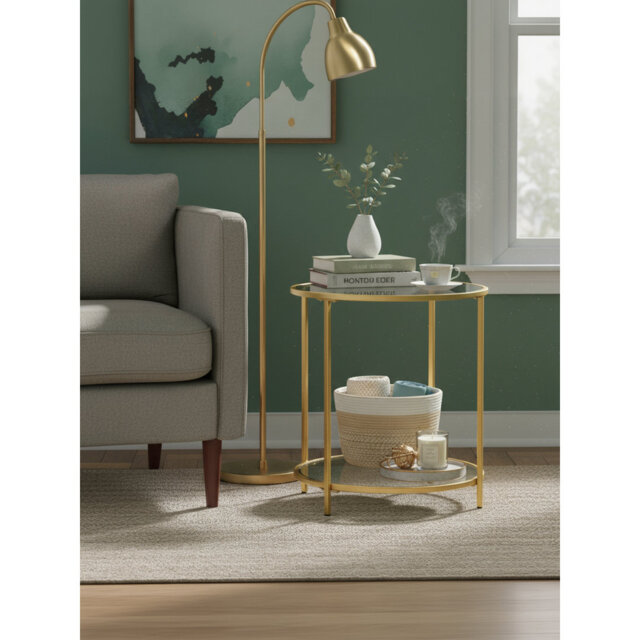 Glass End Table, Round Side Table with Metal Frame, for Living Room, Balcony, Bedroom, Gold Color