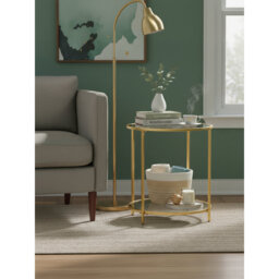 Glass End Table, Round Side Table with Metal Frame, for Living Room, Balcony, Bedroom, Gold Color