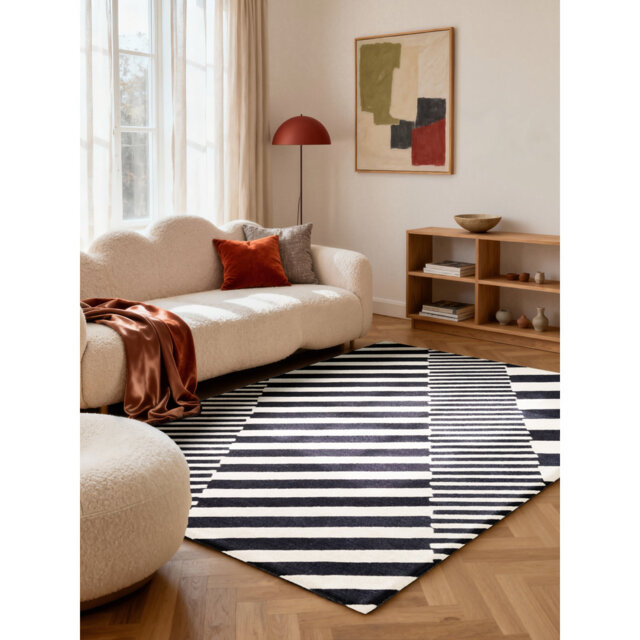 Elle Decoration Noir - Woolen Rug, Natural Rug, Geometric Black & White Design for Living room, Bedroom, Diningroom