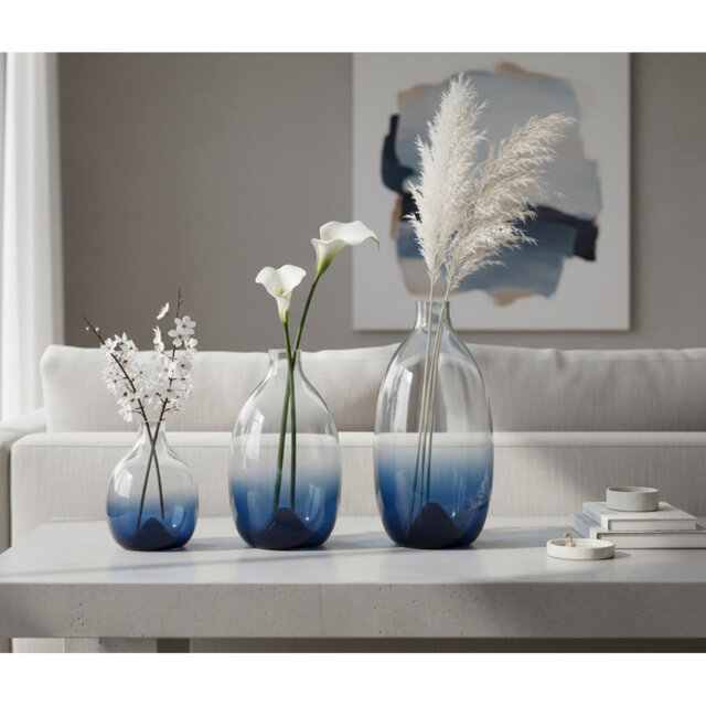 "3-Piece Modern Green Glass Vase Set: 11"" x 9"" x 7""H - Decorative Centerpieces for Dining/Living Room"