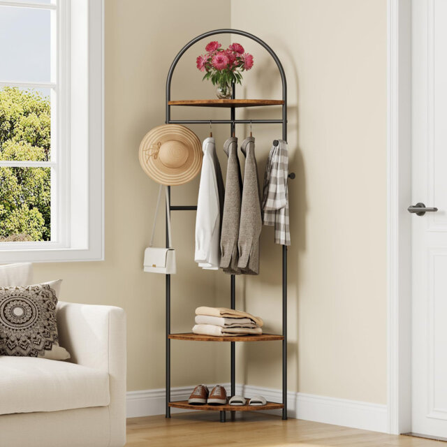 Coat Rack with Hooks, Shelves and Hanging Rail, Corner Clothing Rack with Shoe Storage