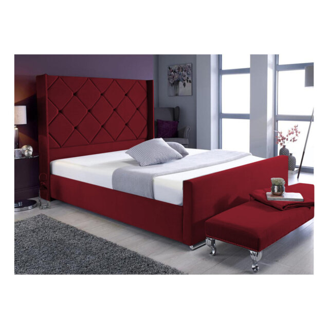 Descanso Chesterfield Velvet Upholstered Bed Frame - Buttoned Headboard, Chrome Feet