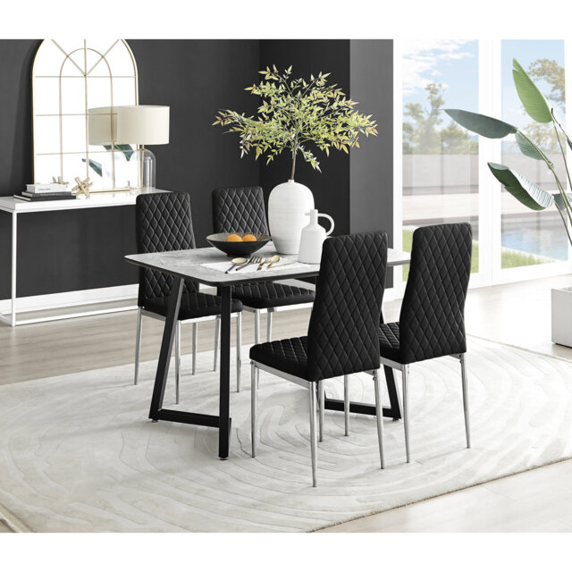 Benia White & Grey Marble Effect Dining Table Set with x4 Luxury Velvet Upholstered Dining Chairs