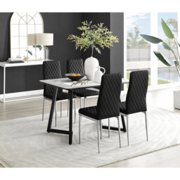 Benia White & Grey Marble Effect Dining Table Set with x4 Luxury Velvet Upholstered Dining Chairs