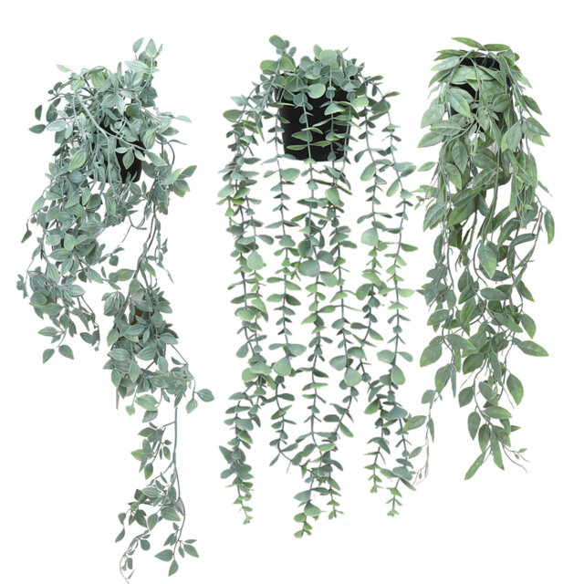 Artificial Hanging Plants Set of 3 with Pots, Faux Eucalyptus Monstera and Snow Pea Vines, Low Maintenance Indoor Outdoor Greenery for Wall, Shelf, Of